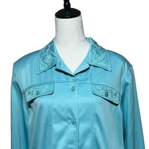 Alfred Dunner Jacket Womens 14 Blue Embroidered Floral Button Front Lightweight